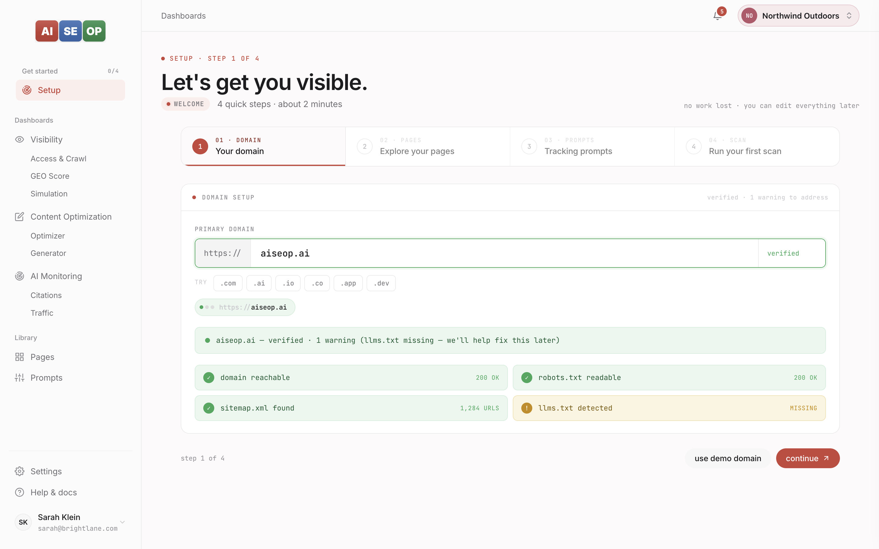 Onboarding step 1 — verify your domain, check robots.txt, sitemap, and llms.txt