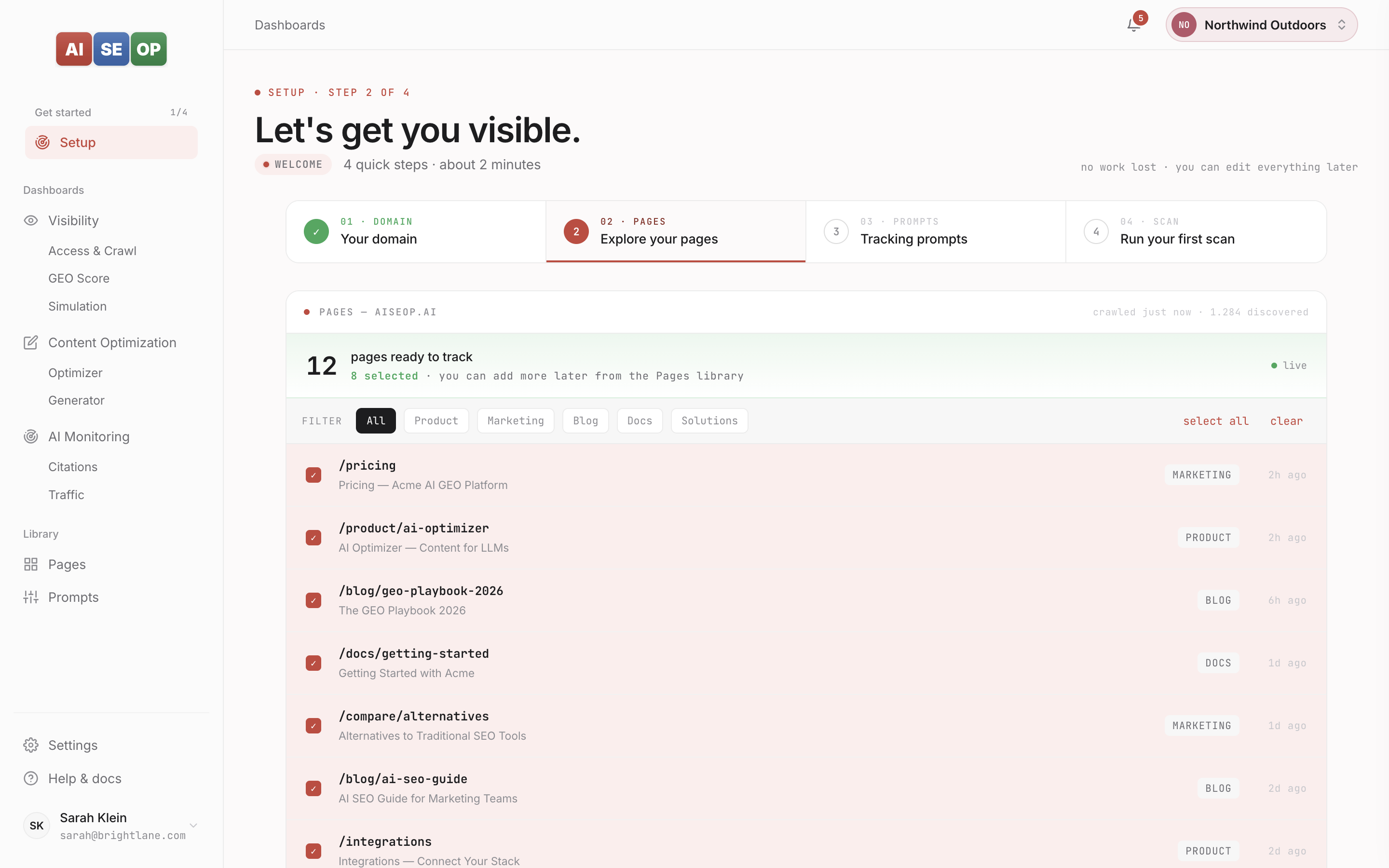 Onboarding step 2 — explore and select the pages you want to track