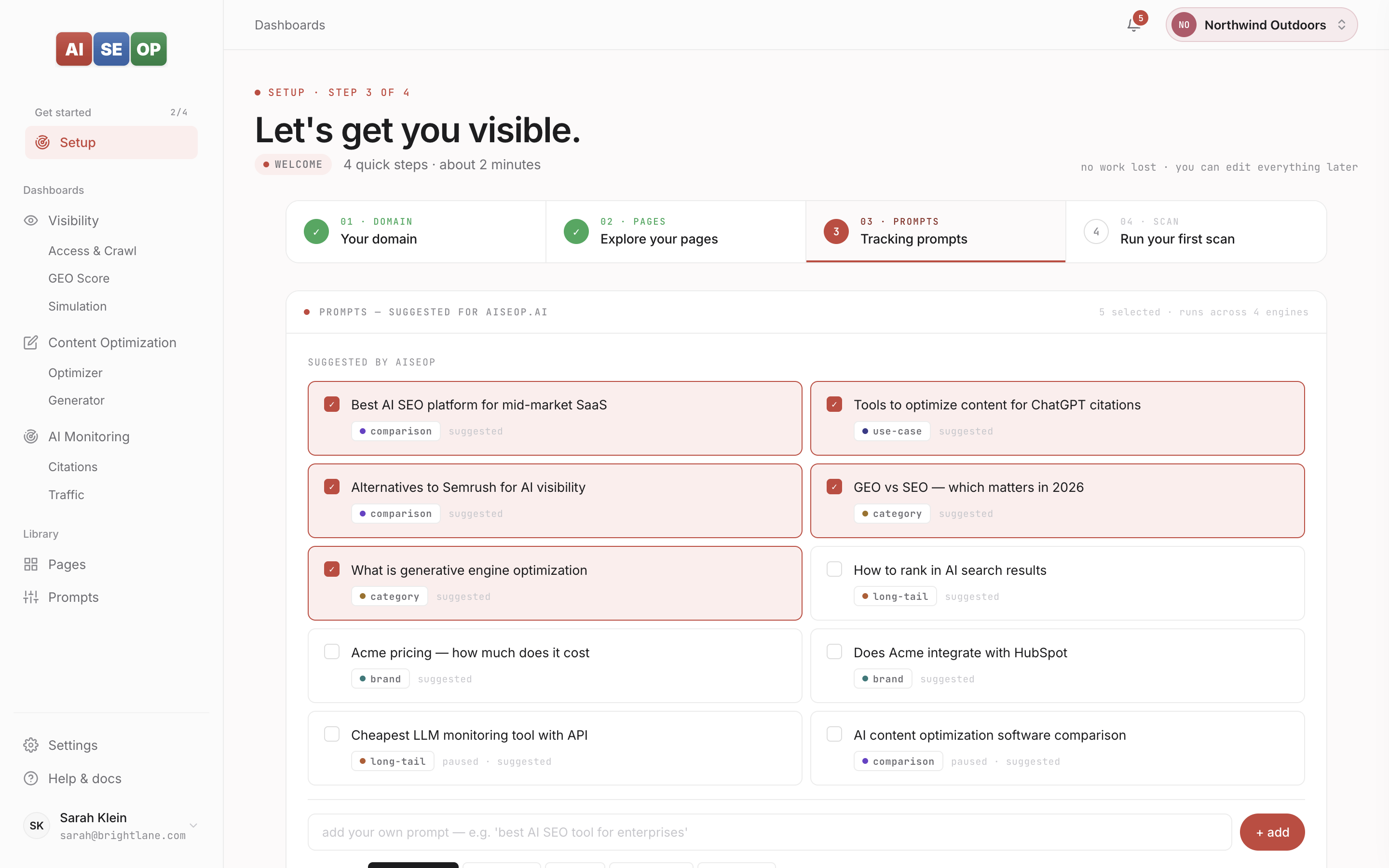Onboarding step 3 — pick tracking prompts, suggested and custom