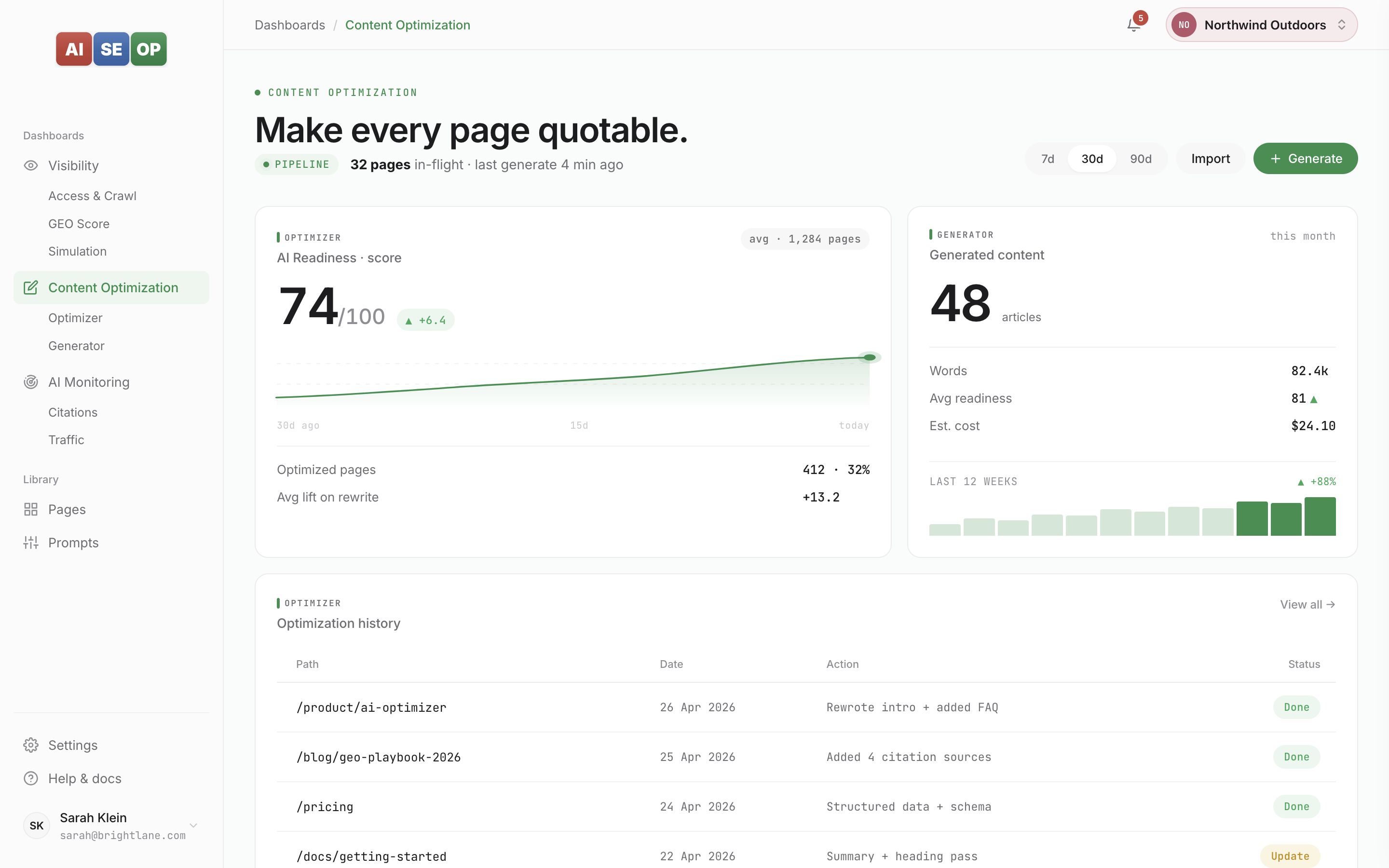 AISEOP Content Optimization dashboard — AI readiness score, optimized pages, and generator output