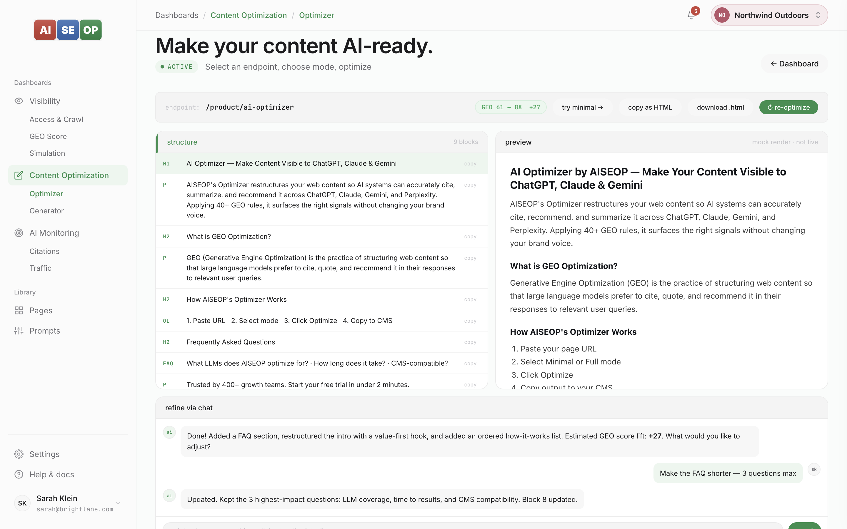 AISEOP Optimizer — structured content blocks, live preview, and GEO score lift per rewrite
