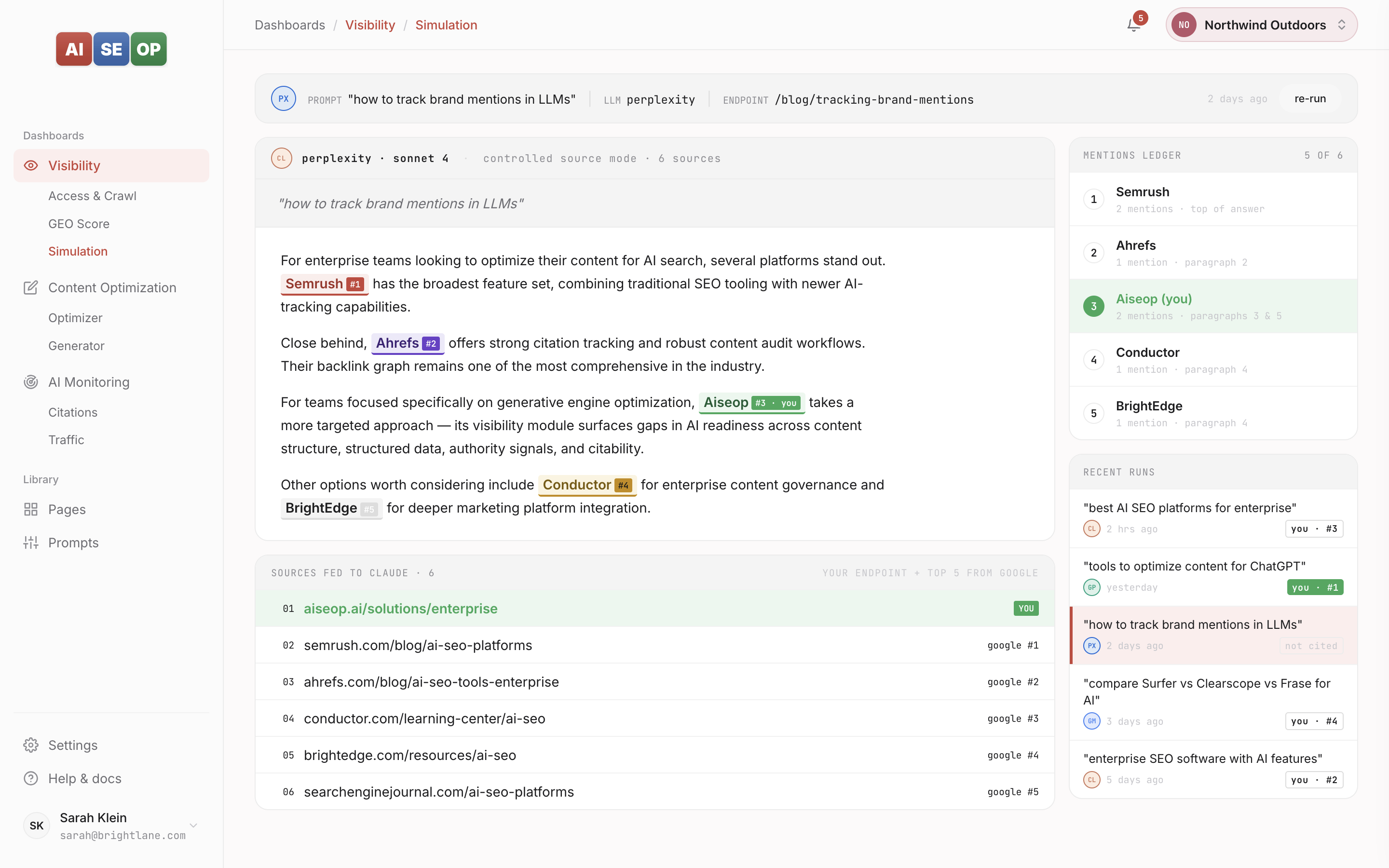 AISEOP Simulation — ask any LLM a question and see who it cites, where you rank, and what it said